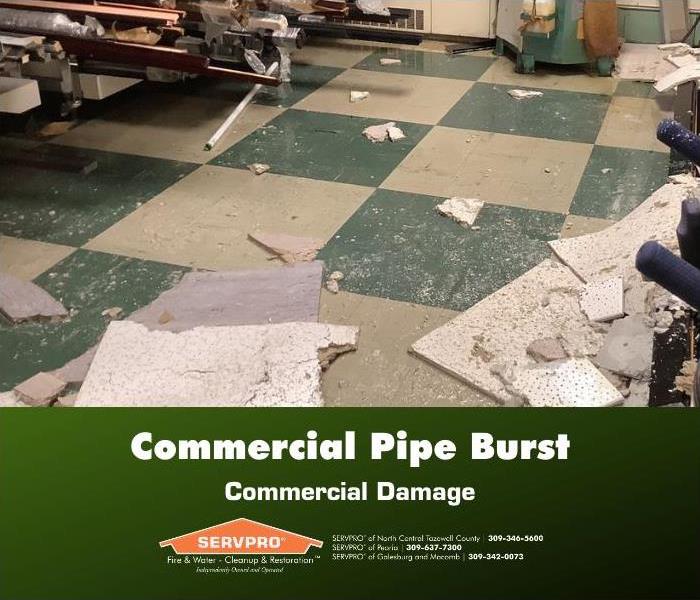 Commercial building with burst pipe and water damage.