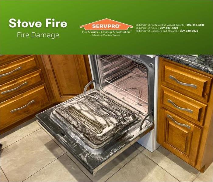 Fire and smoke damage in and around a kitchen stove