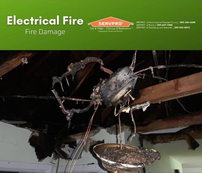 Electrical wiring hanging from ceiling after major fire damage.