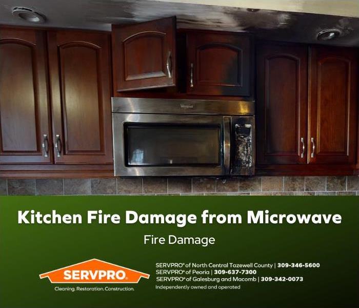 Burn and smoke damage to microwave and surrounding area after fire.