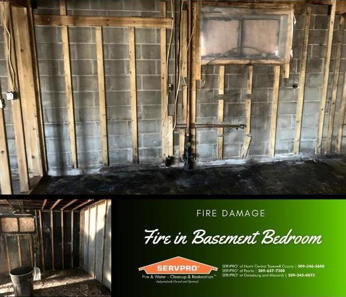 Two images of a burned and demolished basement bedroom