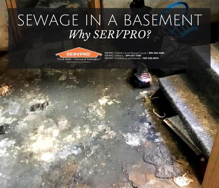 Sewage covering the basement floor at the bottom of a set of stairs.
