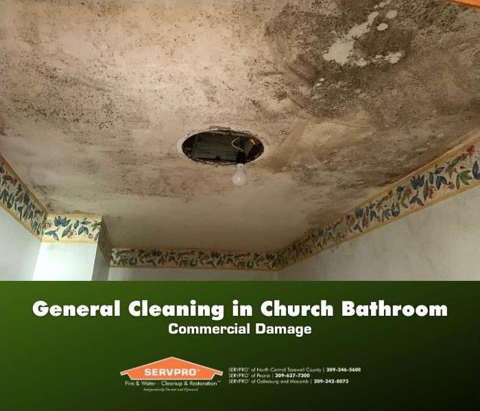 Ceiling, walls, and floor in church bathroom in desperate need of deep cleaning to get staining and dirt off of walls.