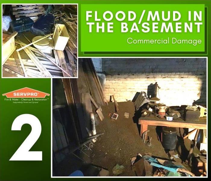 Collage of photos from a water job at a business that resulted in mud and water in the basement storage area