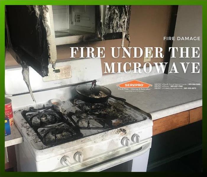 The microwave placed above the stove in this kitchen was melted after there was a cooking fire on top of the stove.