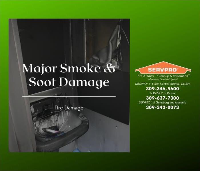 Smoke and soot covers every inch of a small bathroom.