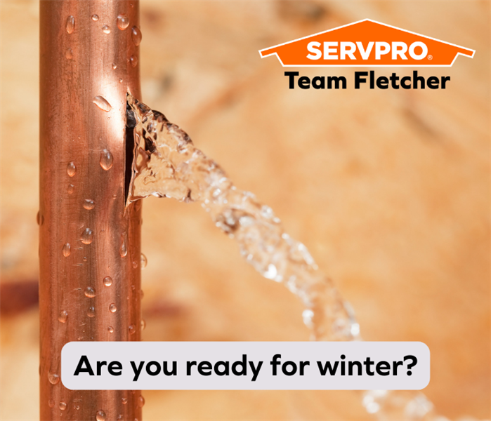 A close-up of a pipe bursting with water shooting out with the caption "Are you ready for winter?"